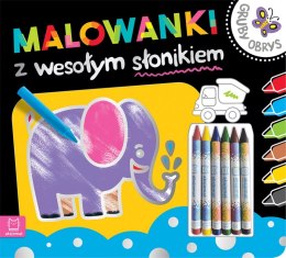 Malowanki z wesołym słonikiem. Gruby obrys. Kredki woskowe