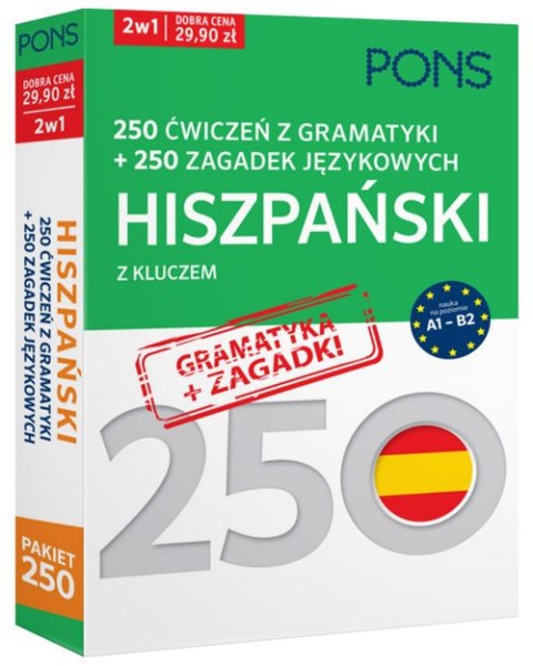 250 ćwiczeń ze słownictwa i 250 zagadek z języka Hiszpańskiego z kluczem na poziomie a1-b2 PAK2 PONS