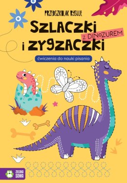 Szlaczki i zygzaczki z dinozaurem. Przedszkolak rysuje